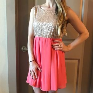 Coral and gold dress